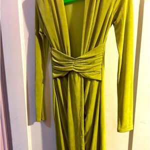 Chartreuse colored midi dress, deep plunge.